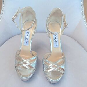 Jimmy Choo Laurita Silver Metallic Ankle Strap Platform Sandals Size 38